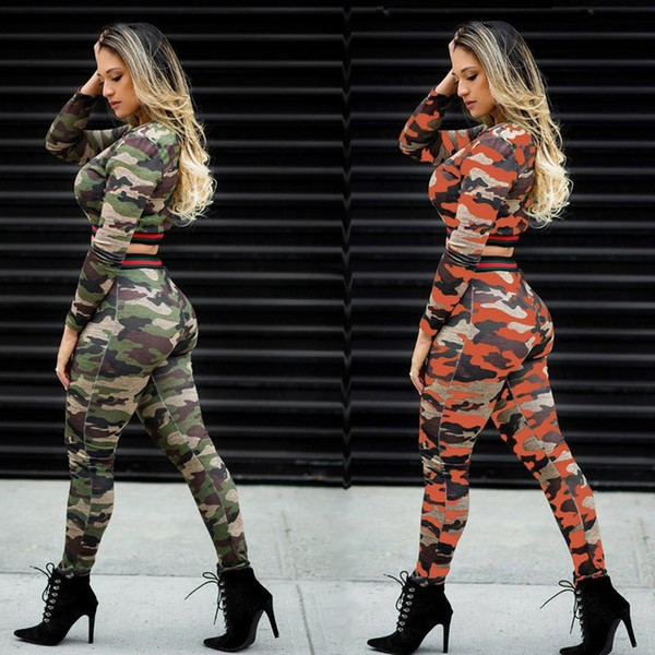 Hot Sale Sexy Camouflage 2 Piece Sweatsuit Women Long Sleeve Crop Top And Sheath Pencil Trousers Spring Casual Outfit