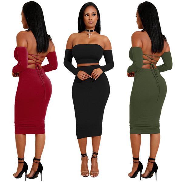 High Quality Summer Dodycon Dress Two-piece Set Women Jumpsuits Rompers Lady Sexy Halter Lace Dress Suits Long Sleeve Tops Tees Wholesale