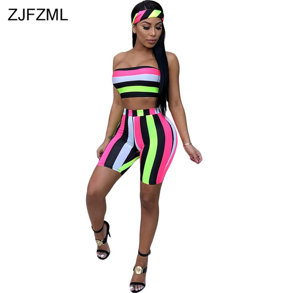 ZJFZML Sexy Three Piece Tracksuit Women Colorful Head Scarf + Off The Shoulder Crop Top + Summer Vertical Striped Skinny Short