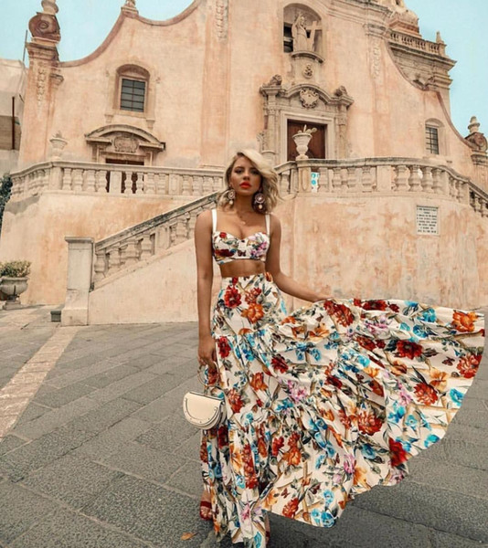 Boho Women Dress Summer 2019 New Casual Off Shoulder Flower Print Long Dresses Sexy Strapless Bandeau Party Dress Two Piece skirt Suit 3XL