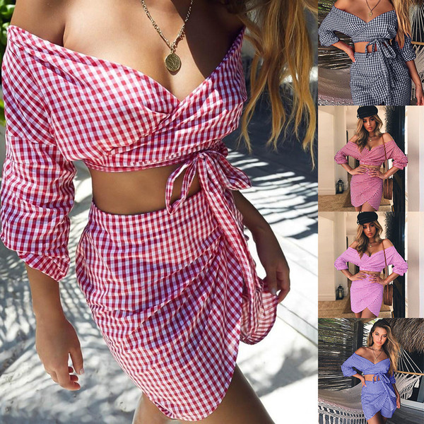 Sexy Summer Two Piece Set 2018 New Fashion Deep V Neck Chiffon Plaid Crop Top and Irregular Mini Skirt for Womens Summer Clothes