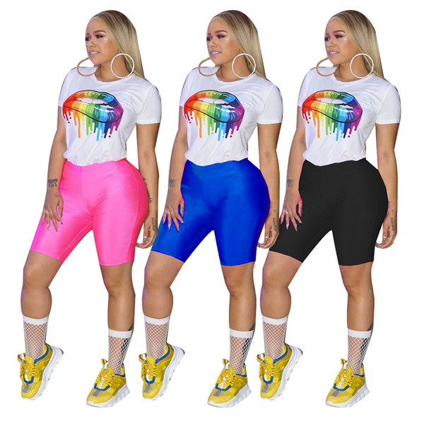 Female Sports Clothing Sets Summer Women S Designer Tracksuits Colorful Lip Printed Tshirts Skinny Shorts 2pcs Clothing Sets