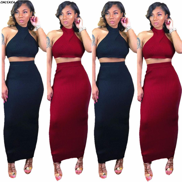 2019 new women outfit knitted sleeveless crop top bodycon maxi midi skirts suit 2pcs set sexy long dress pencil tracksuit L5043