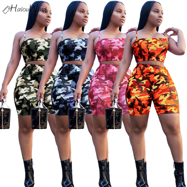 2018 Summer Fashion Women Sexy Print Camouflage Two Piece Sets Womens Camiseta Tirantes Tops Comfortable Shorts Outfit Tracksuit