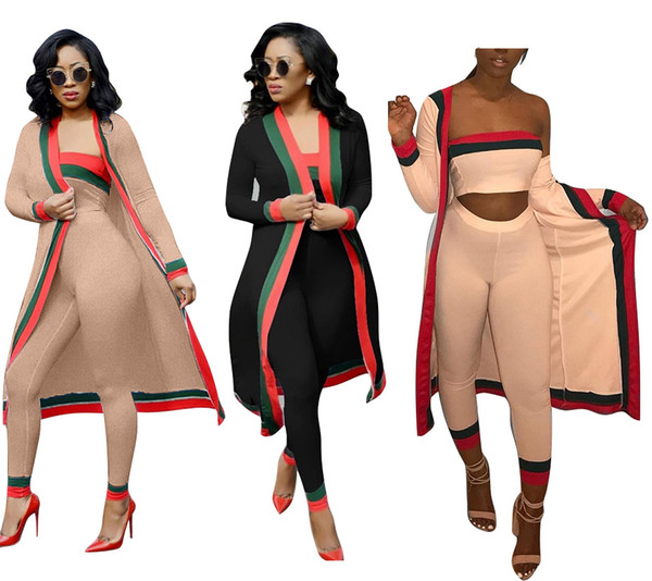 2018 Spring Antumn Red And Green Strape Stitching Wrapped Chest Tights 3 Pieces Contigt Sets Women Night Club Fashion Set S-3XL