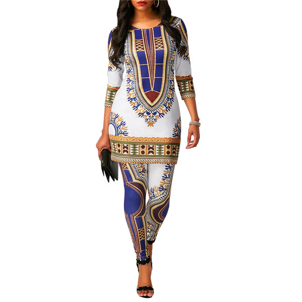 Women African National Totem Print Dashiki Two Piece Set with Sleeve Long T Shirt Top+Pants Leggings Indie Folk 2 Piece Outfits