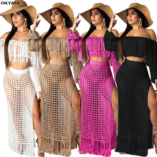 2019 women summer mesh grid see though tassel off shoulder crop top side split maxi skirts two piece beach set long dress TS938