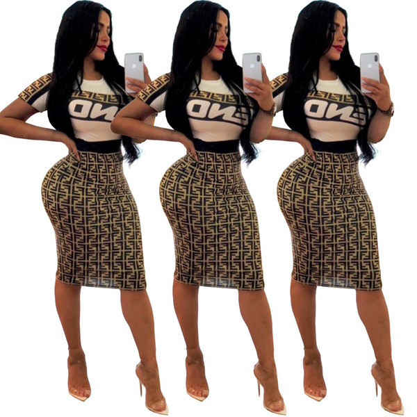 GL6107 high-end European and American women's printed letters short-sleeved skirt set two-piece nightclub clothing fashion women