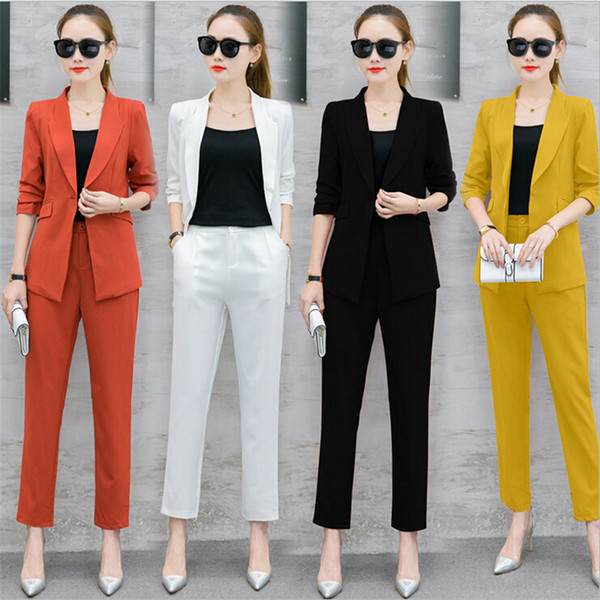 Office Lady Business Suits Solid Color 2 Pieces Sets Fashion Women Long Sleeve Pants Suits