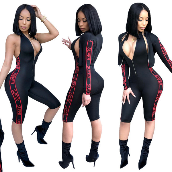 Fitness Two Set Jumpsuit +jacket Fashion Designer 2018 Autumn Backless Slim Rompers Sexy Women Zip Bodysuits And Jacket Set Suit C19021601