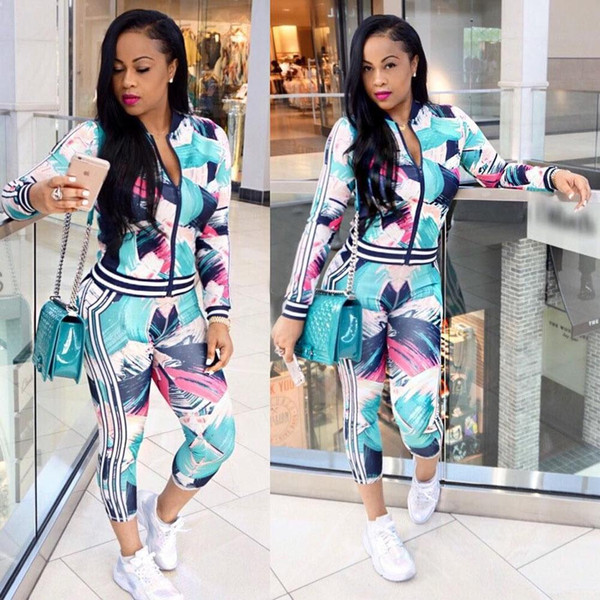 Women's Long Sleeved Fashion Two-Piece Flower Floral Print Bodycon Sweatsuit Set Ladies Tracksuit Outfit Jumpsuit Rompers For Woman