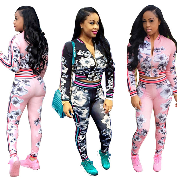 2018 Spring and Autumn Fashion New 2 Piece Set Women Sweatsuits Casual Printed Tracksuit Set Pink Long Sleeve Cropped Jacket and Long Pants