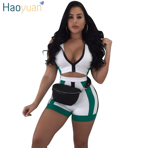 HAOYUAN Casual 2 Piece Set Women Hooded Zip Crop Tops+Shorts Suits White Summer Outfits Sexy Two Piece Matching Sets Tracksuit