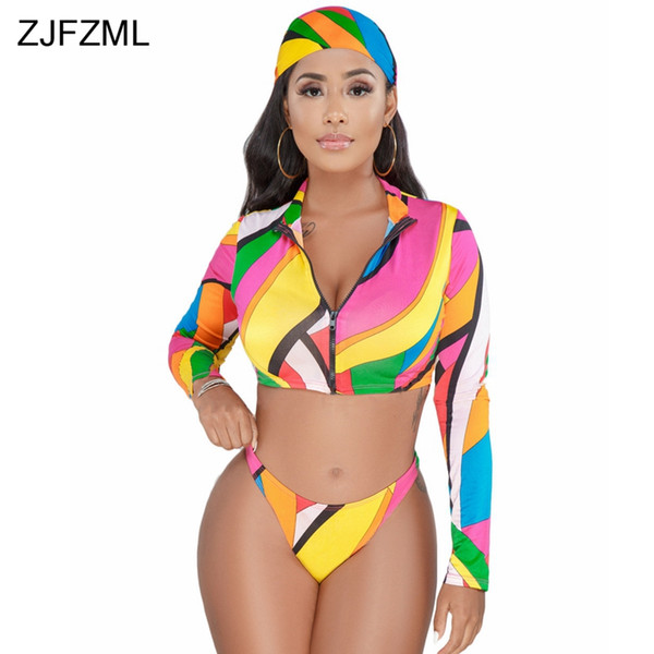 ZJFZML Colorful Print Sexy 3 Piece Set Women Head Scarf And Deep V Neck Full Sleeve Crop Jacket And Summer Beach e Short