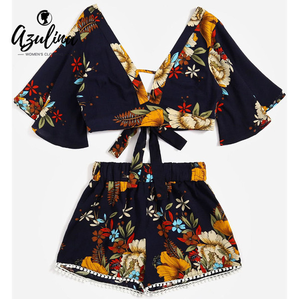 AZULINA Floral Plunging Neck Cropped Top High Waisted Lace Trim Shorts Women Clothes Casual Two Piece Set Summer TwinsetY1882201