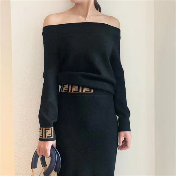 2018 Autumn Khaki/Black Letter Print Slash Neck Women's Sweaters and Skirts Women's Two Pieces Sets 111904