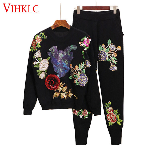 2019 autumn new women's European station sequins flowers long-sleeved sweater sweater pants feet fashion suit women C582