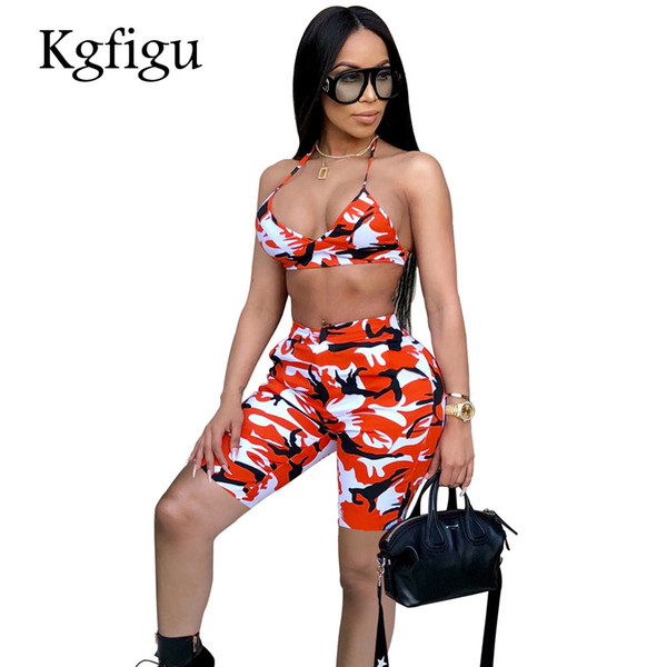 KGFIGU two piece set summer outfits for women 2018 Casual camo bra crop tops and half length pants 2 piece short matching sets