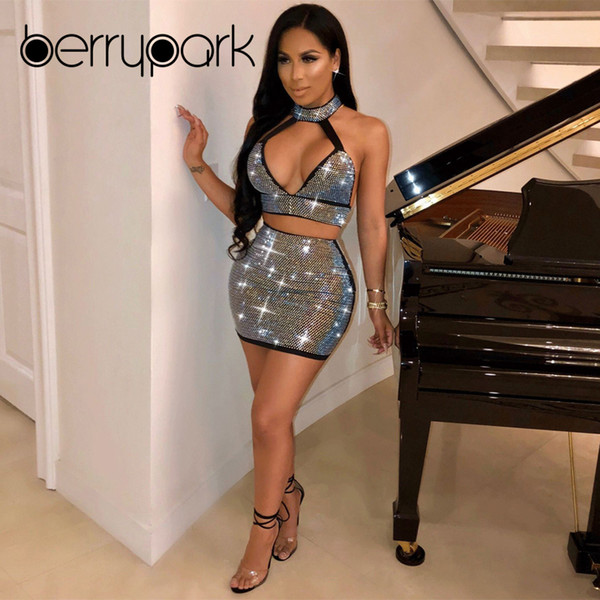 BerryPark Sparkly Rhinestone Sexy Club Dress 2019 Women Diamond Crop Top and Skirt 2 Piece Set Night Out Party Matching Outfits