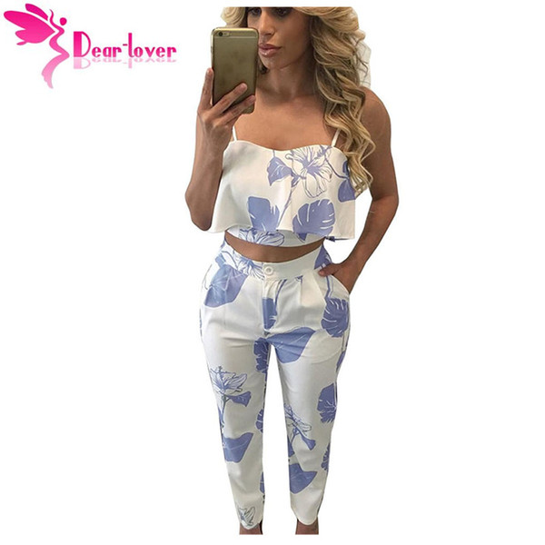 Womens Suits Summer Office Vintage Blue Mottled Print Frill Crop Top and Long Pant Set 2 Piece Clothes Outfit LC62056 17410