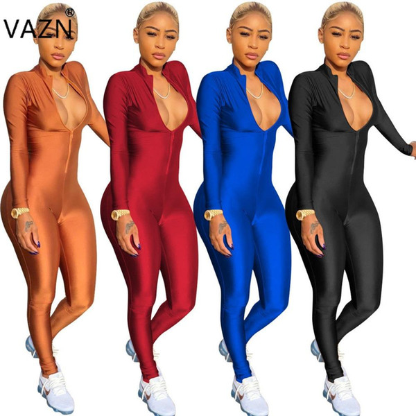 VAZN New Women Fashion Elegant 2018 Bodycon Jumpsuit Full Sleeve Long Jumpsuit V-Neck Sexy 3384