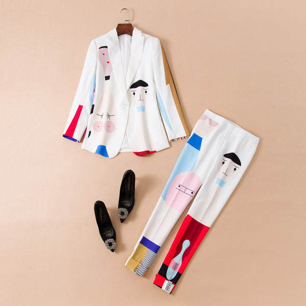 European and American women's wear autumn The new Long sleeve Cartoon printing A grain of buckle coat + trousers suit