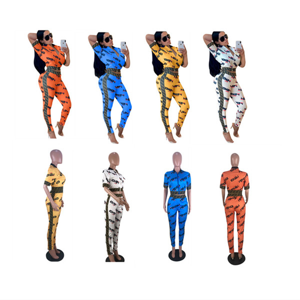 Women Tracksuit Printed Letter Short Sleeve Zipper Tops + Pants Leggings 2 piece Fashion Suit Summer Outfit Sportswear Jogger Sets A32603