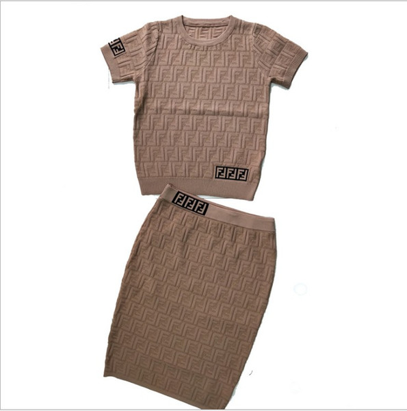 [Exclusive good quality] Summer F letter hollow small sexy round neck pullover short sleeve + skirt F suit