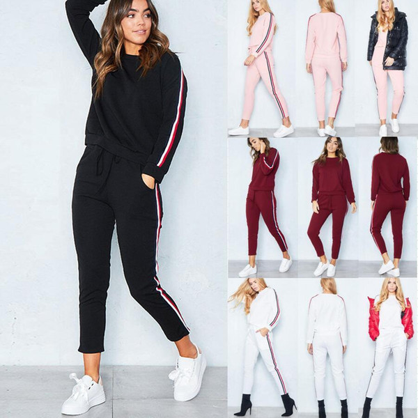 2PCS Womens Sexy2017 Women Tracksuit Hoodies Sweatshirt Pants Sets Sport Wear Strip Casual Suit 6-16 5 Clour High Quality 100% Brand New