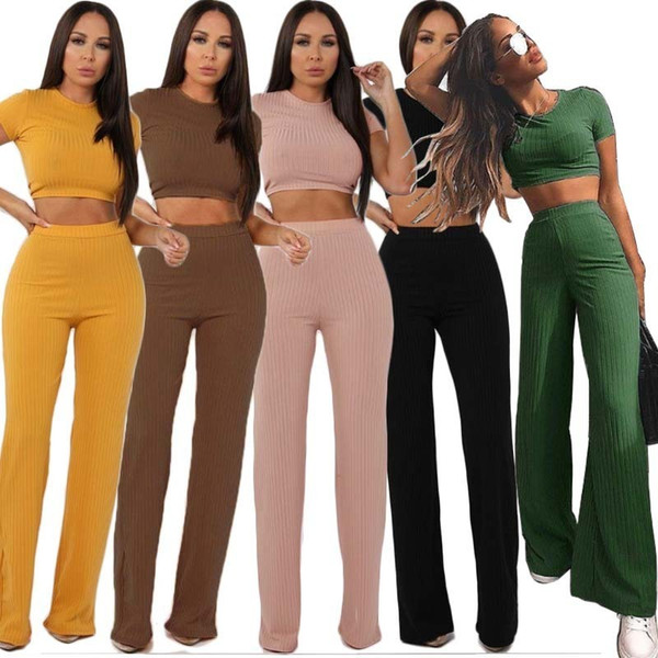 Women knitted long sleeve o-neck crop top wide leg pants 2 piece set for female women tops pants two pieces sets women's suits C18122401