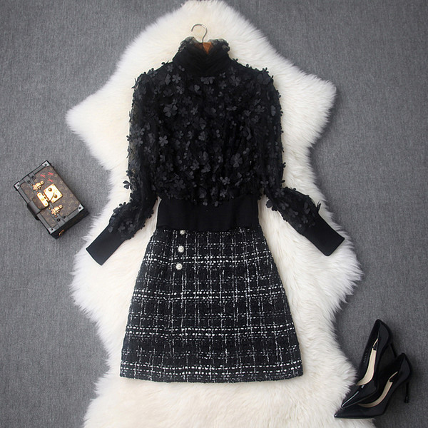 Women Autumn Clothes Set New Early Autumn Solid Flower Decorated High Neck Knitted Jacket Plaid Tweed Short Skirt Two Piece Dress Set