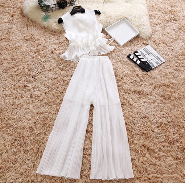 2018 New Summer Two Piece Set Woman Sexy V-neck Sleeveless Chiffon Blouse + Pleated Long Pants Suits Women Chiffon 2 Pcs Sets