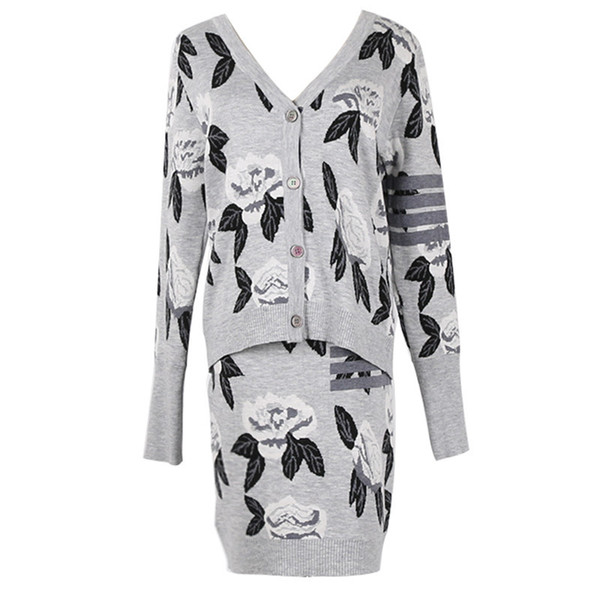 18 Autumn And Winter New Pattern Suit-dress V Lead Embroidery Flower Long Sleeve Cardigan Jacket and Overskirt Knitting
