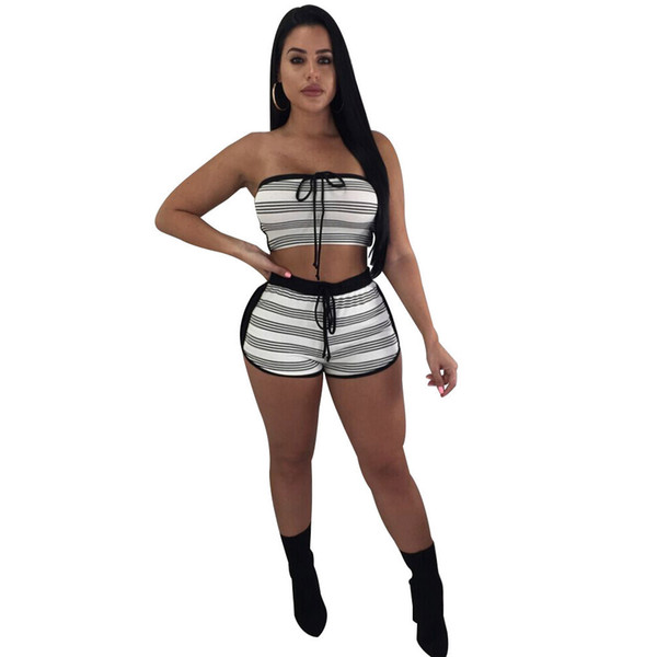 Kasimur women sets for summer two pieces stripe sets strapless crop tops and short track suits womens clothing outfits