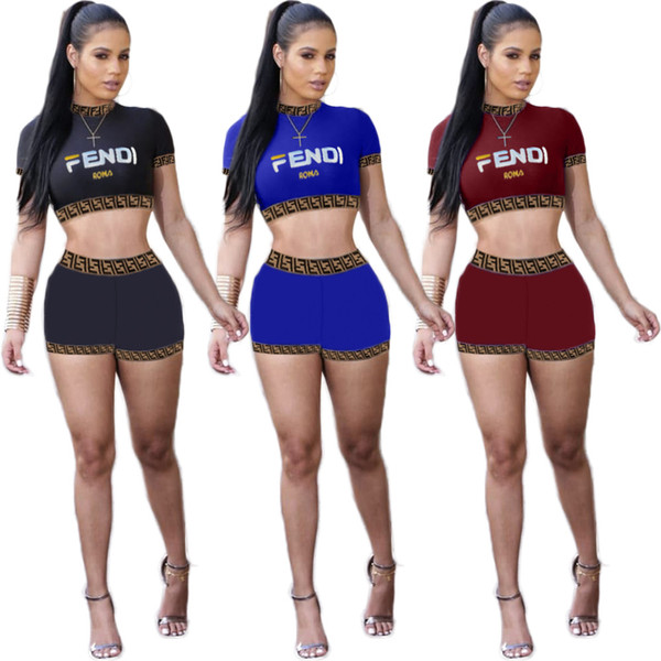 Women F Letter Outfits Pop letter 2 Piece sport suit T-shirt Set Tracksuit tops shorts Clothing tops+ shorts pants Jogger Sportswear AAA2081