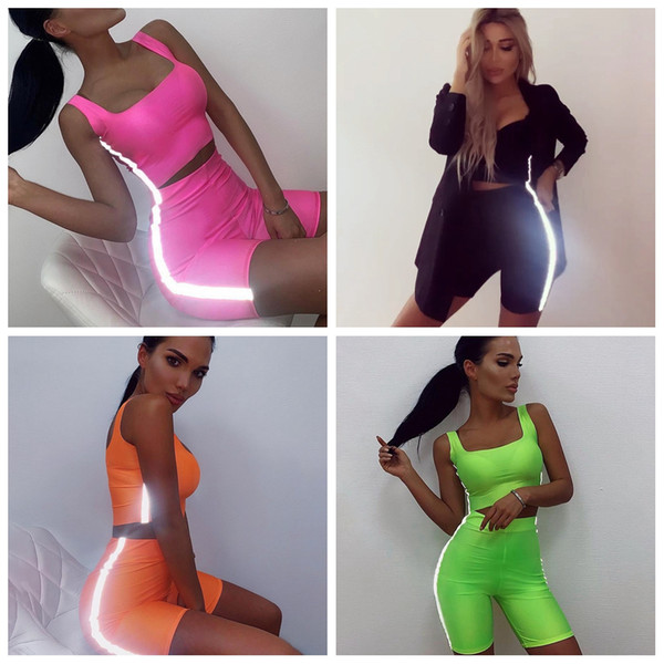 Women Reflective Stripe Outfits sport suit T-shirt Set Tracksuit Tank Crop Top Tight Short 2pcs Slim Sexy jogging Sportswear AAA2109