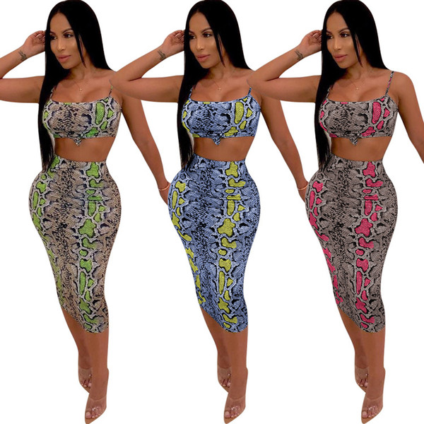 Women Dress Suit Print Sleeveless Bra Crop Tank Vest +Semi-tight Skirt 2 Piece Skirt Sets Bodycon Snake Clothing GGA1769