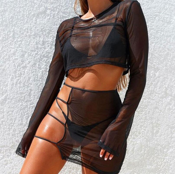 Sexy Sheer Mesh Club 2 Two Pieces Sets Women 2019 Summer Outfits See Through Long Sleeve Crop Tops+Bodycon Party Mini Skirt