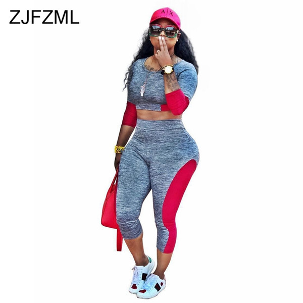 ZJFZML Contrast Color Casual 2 Piece Tracksuit Women O Neck Full Sleeve Crop Top+Sportswear Empire Skinny Pant Sexy Two Pcs Sets