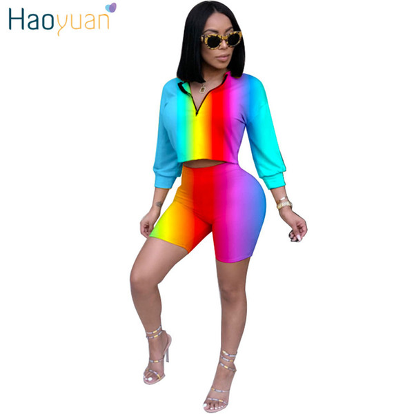 HAOYUAN Gradient Print Sexy Two Piece Set Women Clothes Crop Top+Bodycon Shorts Suits Summer Outfit Two Piece Casual Tracksuit