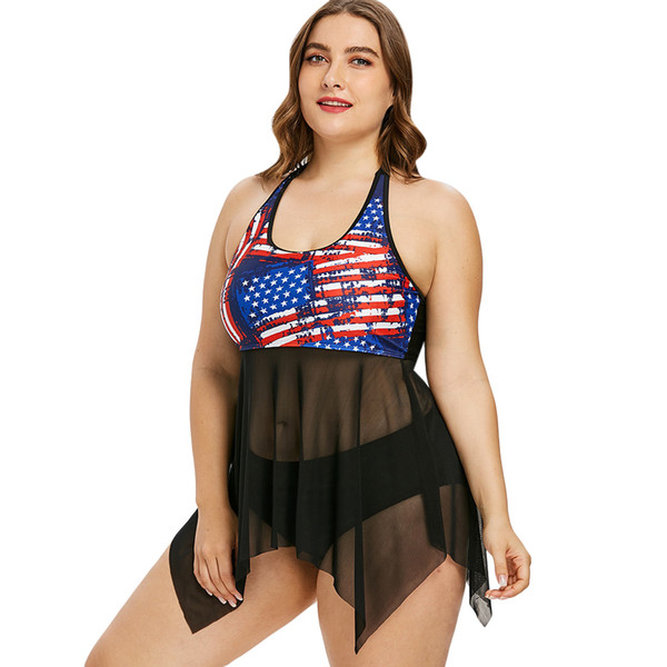 Wipalo Plus Size American Flag Sheer Mesh Women Set Summer Empire Waist Backless Halter Two Piece Sets Beach Wear Bathing Suit