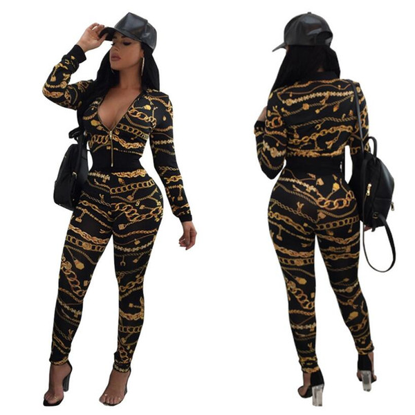 2018 Spring Women Tops Jacket + Pants 2 Piece Set Gold Chain Print Tracksuit Female Sportive Outfit Suit Crop Top Zipper Sweatsuit