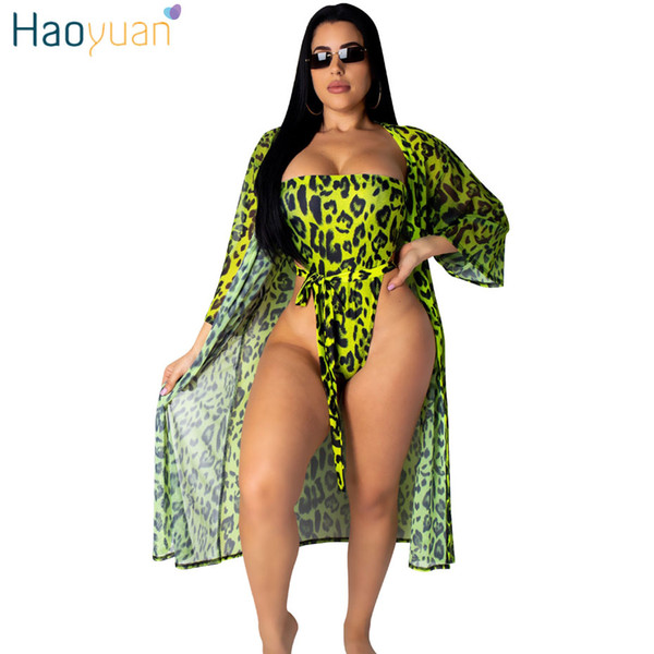 HAOYUAN Leopard Sexy Two Piece Set Women Clothes Summer Beach Outfits Long Sleeve Cloak and Shorts Rompers 2 Pcs Matching Sets