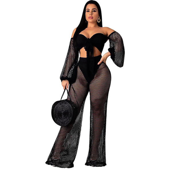 2019 New Sexy Women Mesh Black Cover up Crop Summer Pullover Tops+Pants Hollow Out Trousers Wide Pants Outfit Set