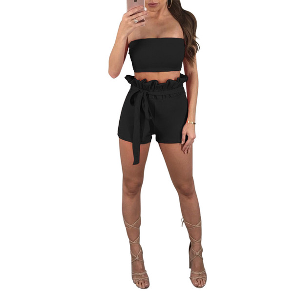 Women bandage lace up ruffles crop top women tops shorts 2 piece set for female summer two pieces sets shorts sets