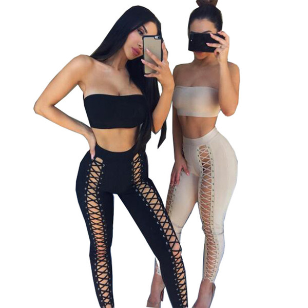 Womens Two-piece Suit 2019 Summer New Fashion Sports Suit Street Style Perspective Lace Pants Sexy tube Tops Trousers