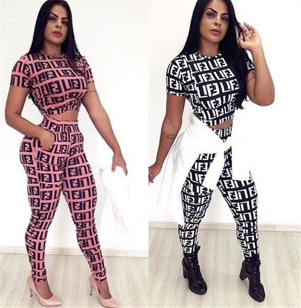 Women 2 piece pants designer fashion sportswear gym crew neck crop top vest t-shirt bodycon leggings pants summer print letter clothing 284