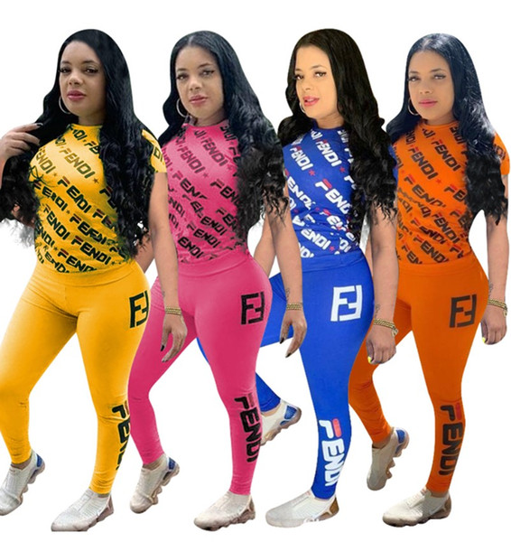 Champions women 2 piece set sportswear gym short sleeve crew neck pullover print letter bodycon leggings pants summer clothing plus size 266