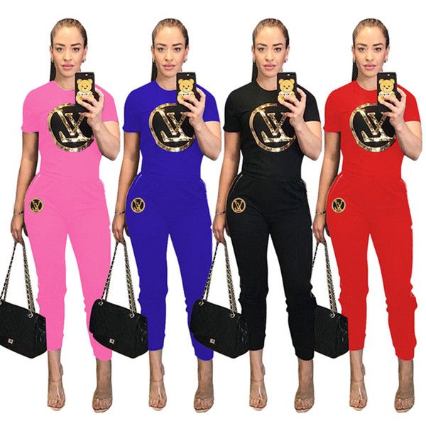 Women designer 2 piece pants tracksuit gym crew neck short cap sleeve t-shirt Sequins bodycon leggings pants summer clothing plus size 353