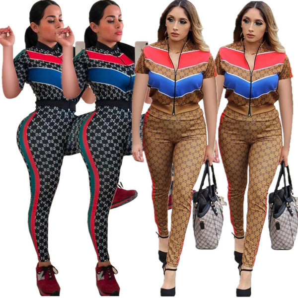 Women's 2 piece pants set cardigan zip neck zipper panelled print short sleeve crop top striped bodycon leggings pants summer clothing 339